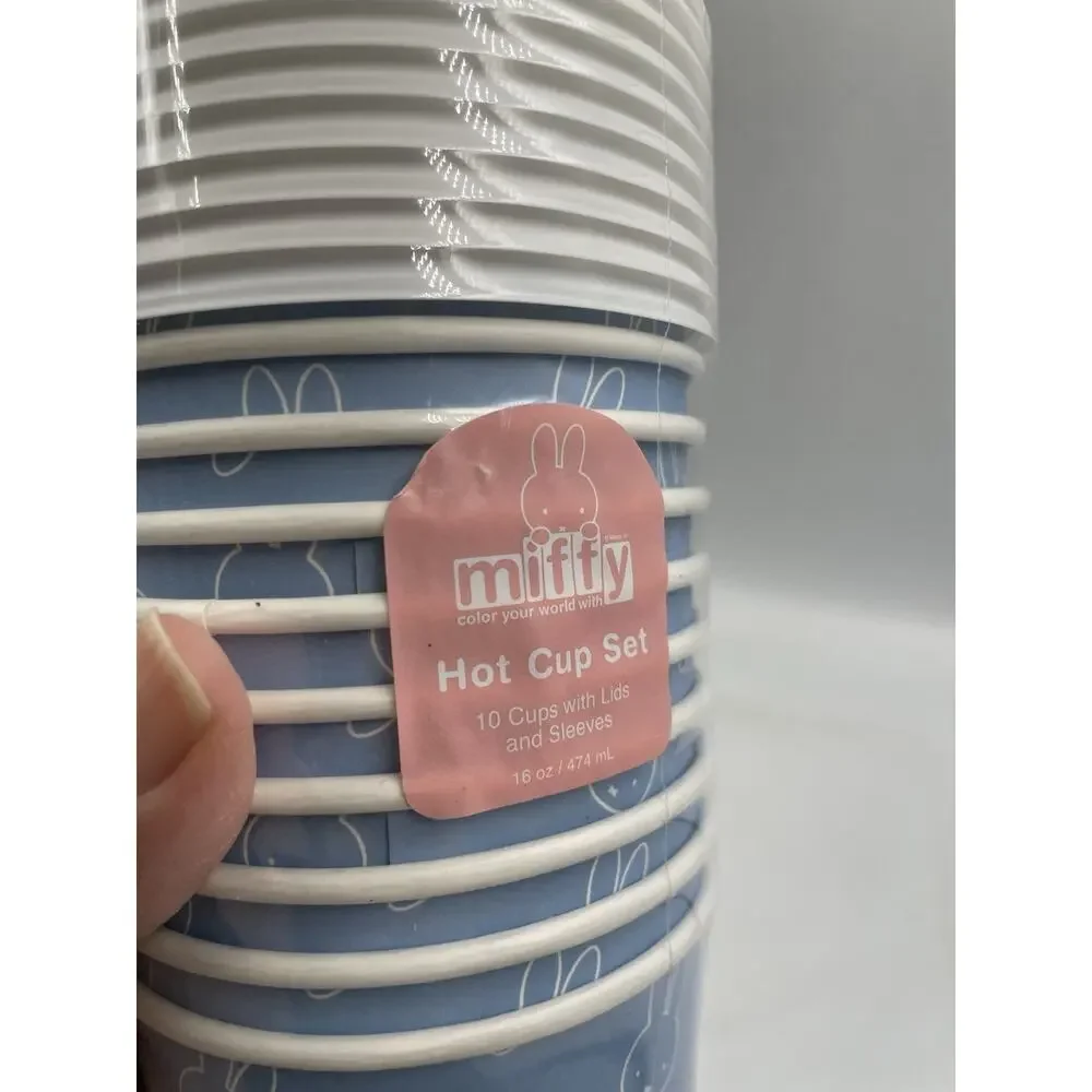 NEW Miffy Set Of 10 Hot Travel Cups 16 Oz With Sleeves & Lids